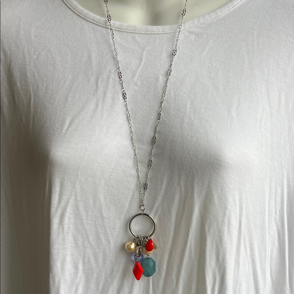 Silver Necklace with Red and Blue Accents